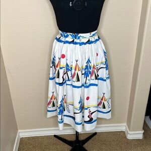 Vintage, novelty circle skirt with Teepee and Tree Print.